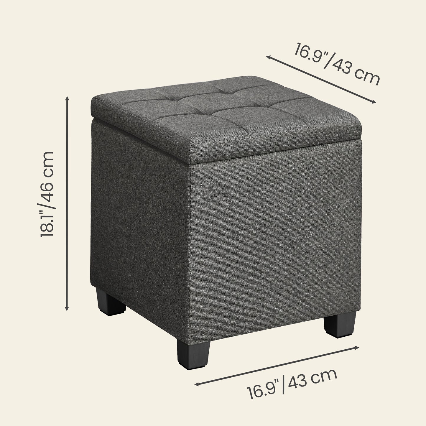 Square Storage Ottoman with Hinged Lid, 14-Gallon Footrest Stool with Solid Wood Frame, for Living Room, Bedroom, 16.9 x 18.1 x 16.9 Inches, Slate Gray