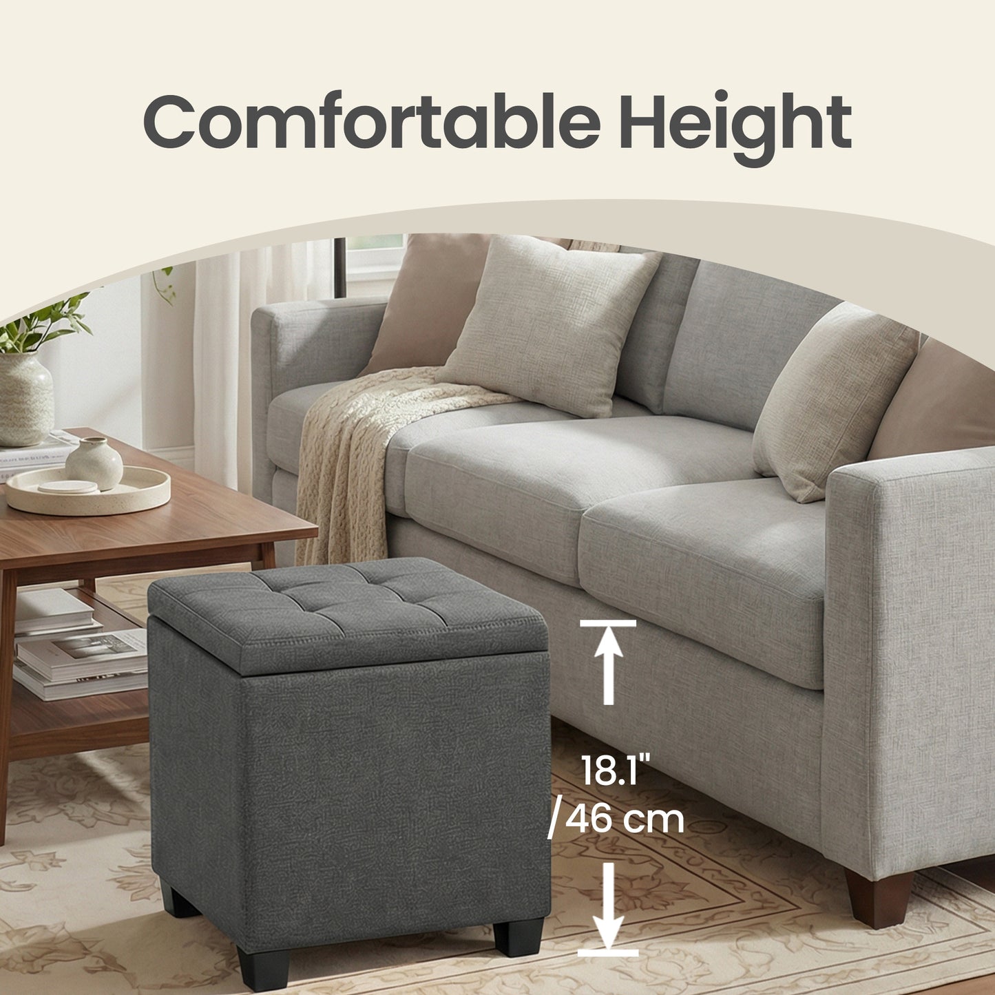 Square Storage Ottoman with Hinged Lid, 14-Gallon Footrest Stool with Solid Wood Frame, for Living Room, Bedroom, 16.9 x 18.1 x 16.9 Inches, Slate Gray