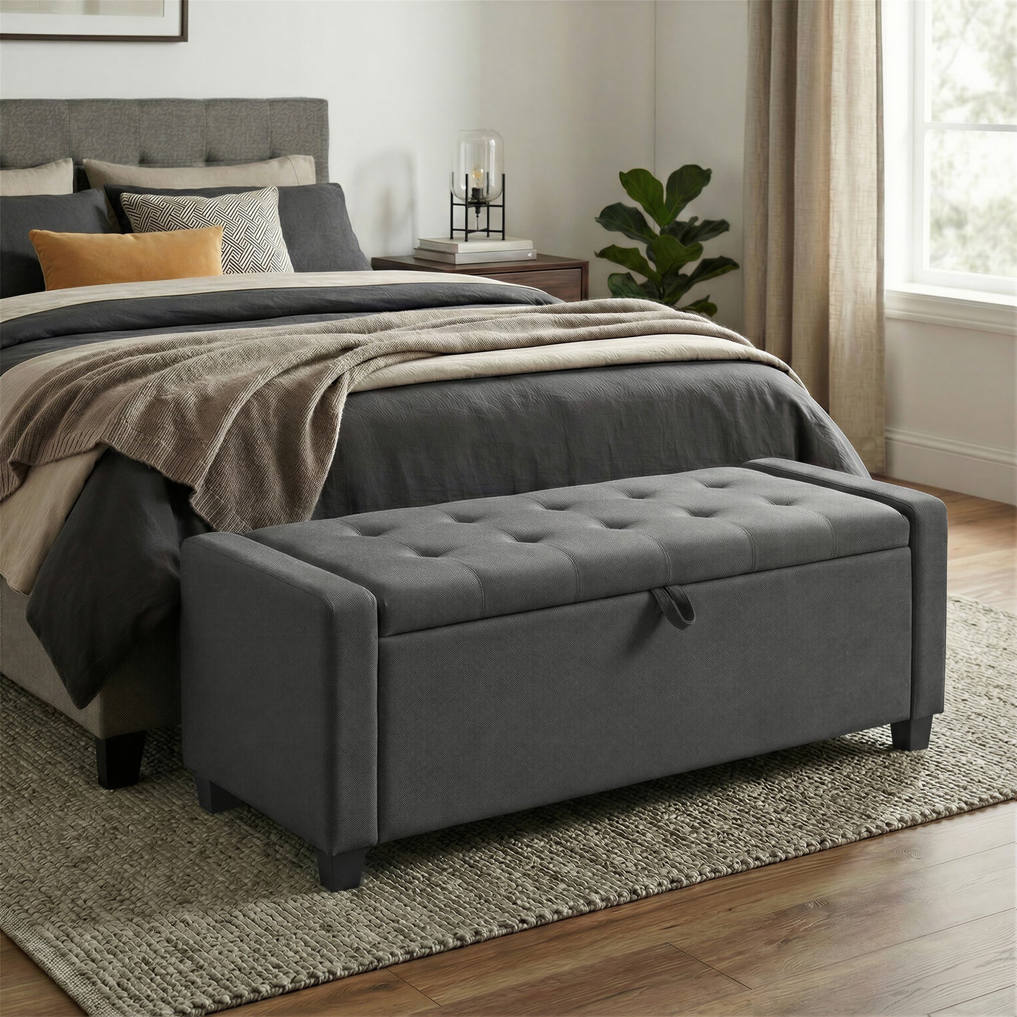 Storage Ottoman Bench with Safety Hinges, 47.6 Inch End of Bed Storage Chest with Legs and Tufted Linen Fabric, Slate Gray