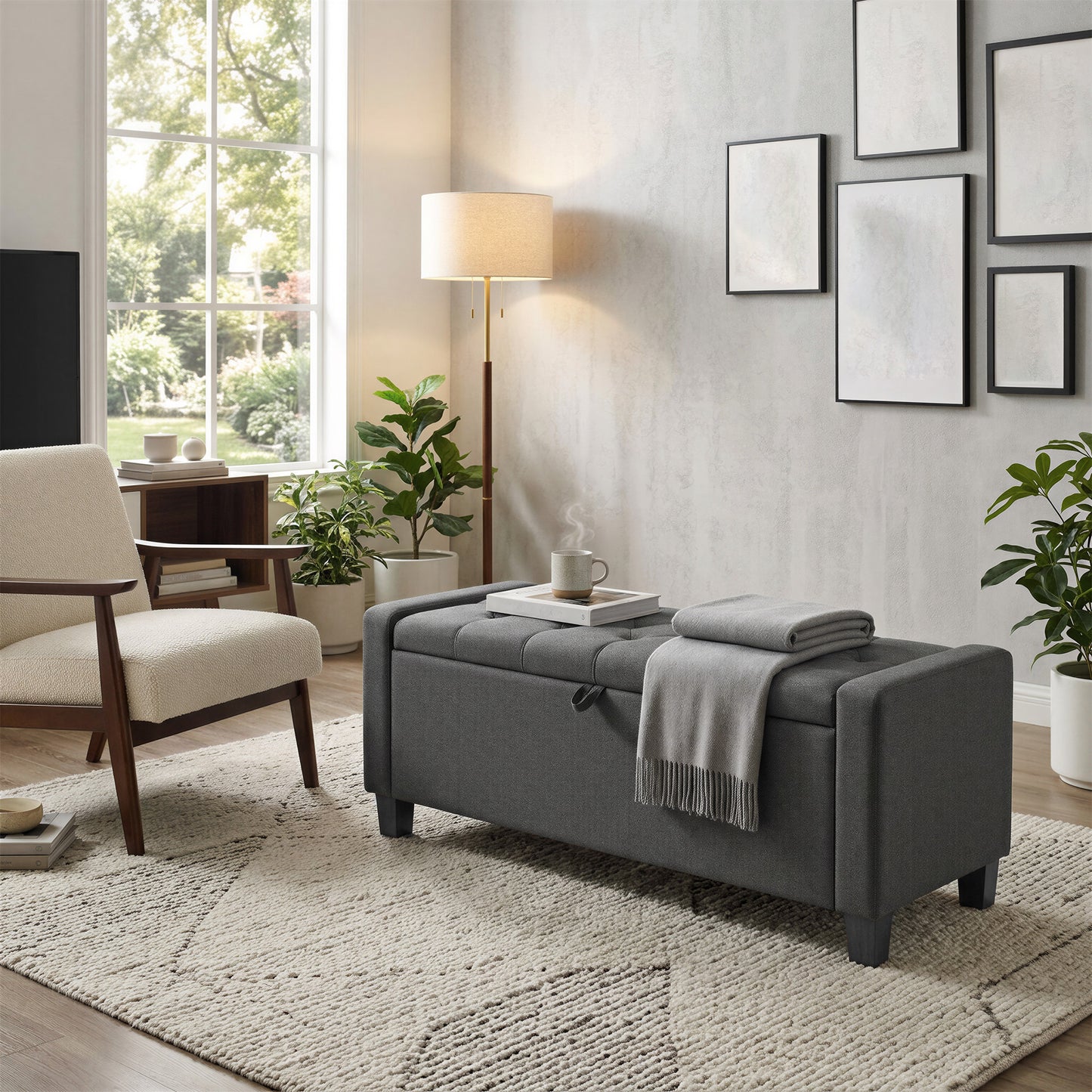 Storage Ottoman Bench with Safety Hinges, 47.6 Inch End of Bed Storage Chest with Legs and Tufted Linen Fabric, Slate Gray