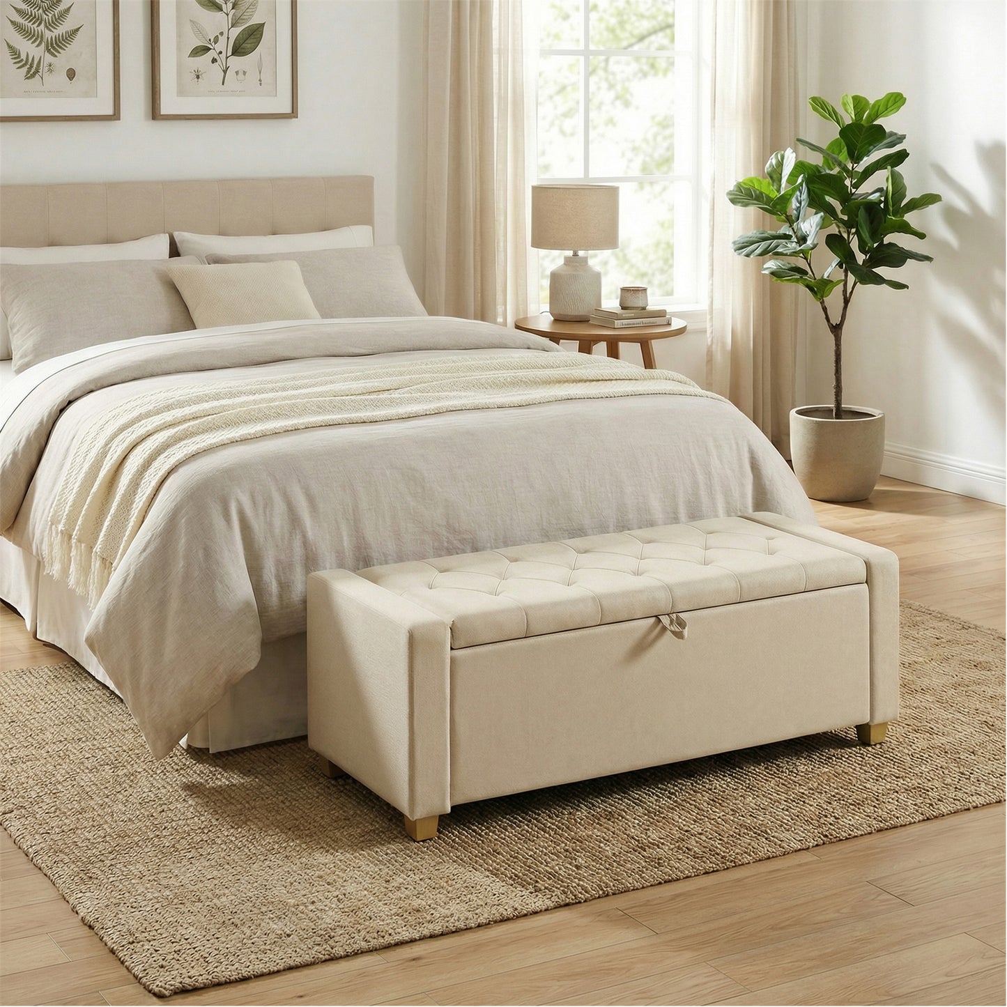 Storage Ottoman Bench with Safety Hinges, 47.6 Inch End of Bed Bench with Removable Divider, Linen-Look Fabric, Summer Sand