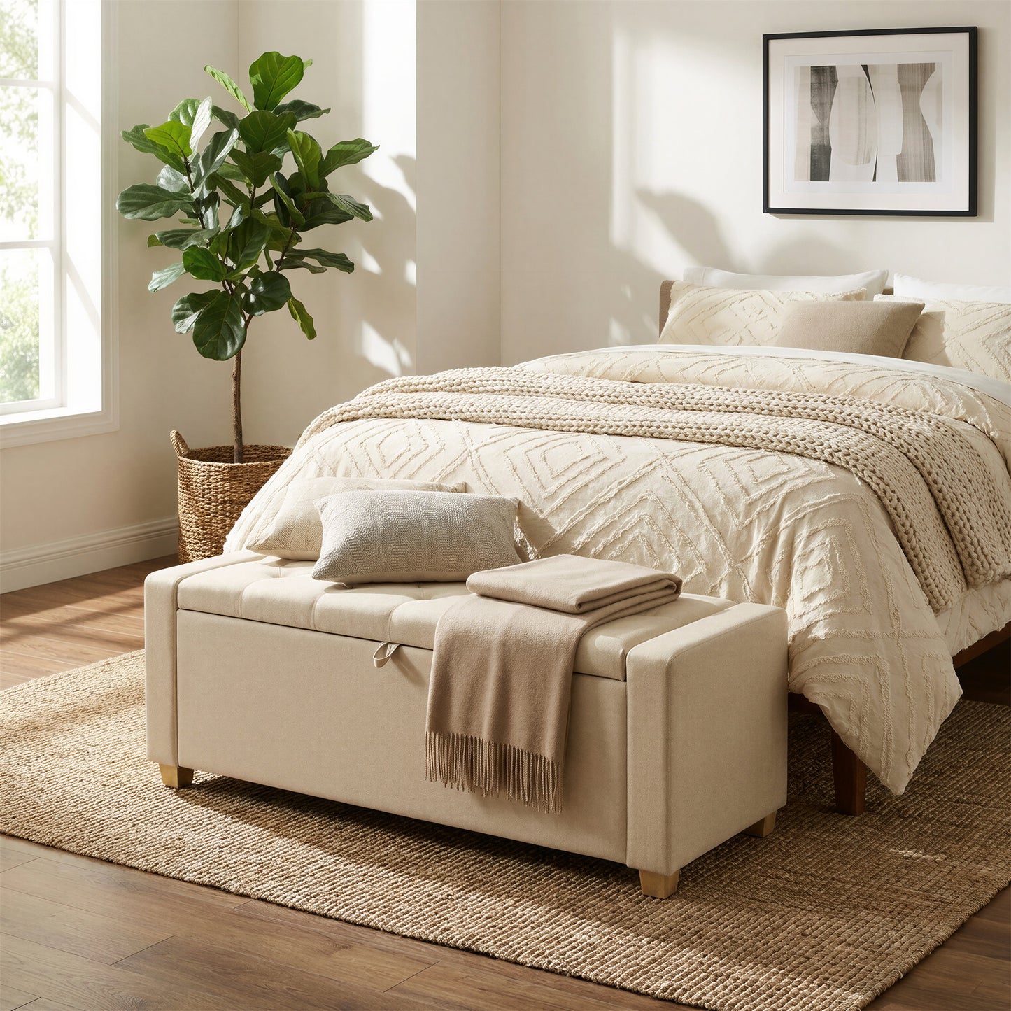 Storage Ottoman Bench with Safety Hinges, 47.6 Inch End of Bed Bench with Removable Divider, Linen-Look Fabric, Summer Sand