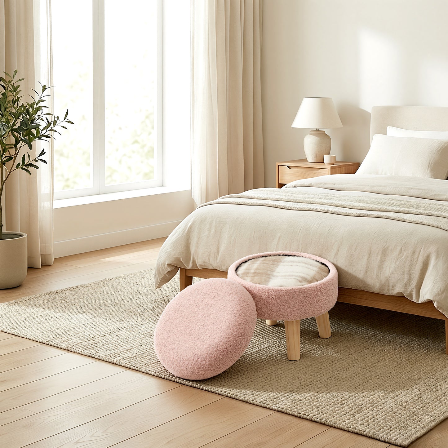 Round Storage Ottoman with Teddy Fleece Seat, 31 cm Foot Stool and Small Table for Living Room and Hallway, Jelly Pink