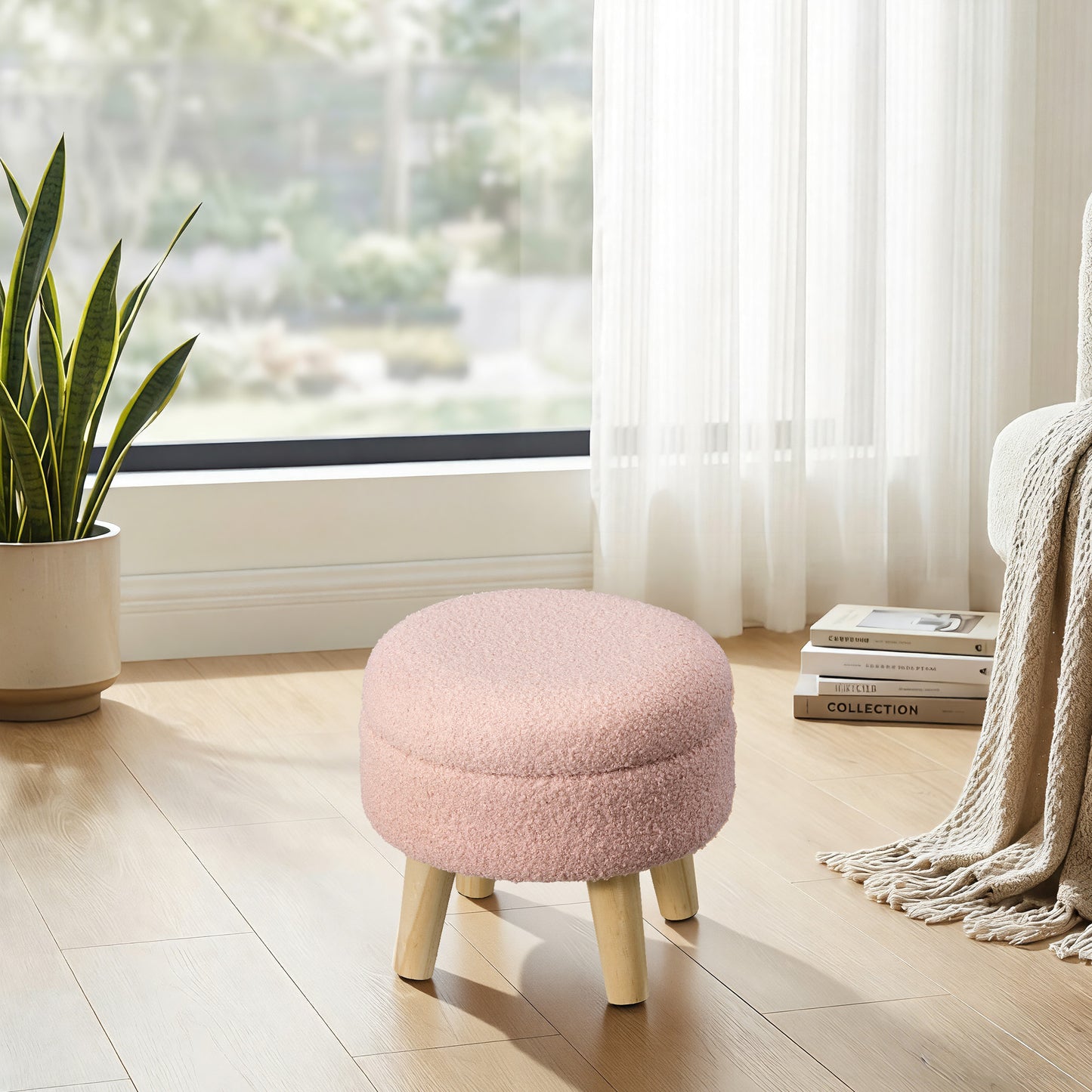 Round Storage Ottoman with Teddy Fleece Seat, 31 cm Foot Stool and Small Table for Living Room and Hallway, Jelly Pink