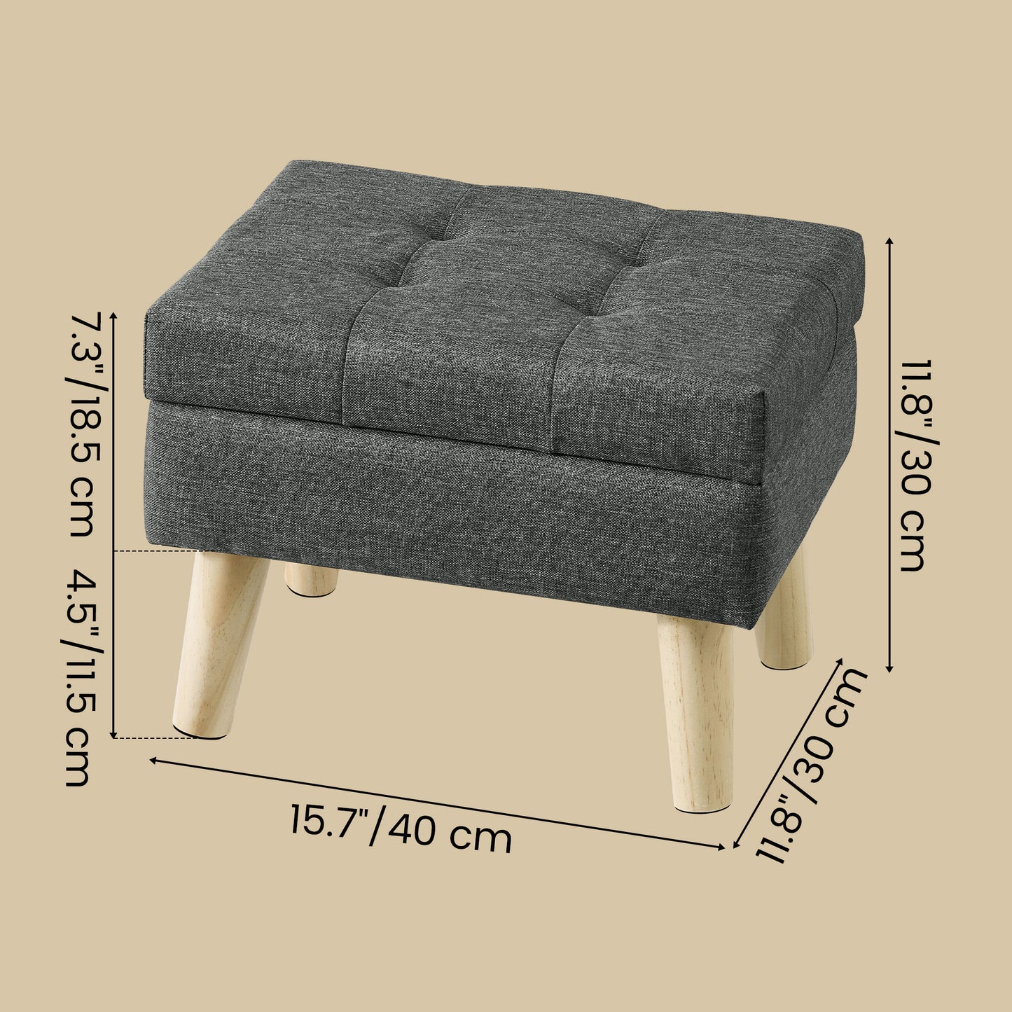 Rectangular Storage Ottoman with Linen-Look Fabric, 11.8 x 15.7 Inch Foot Stool and Small Table for Living Room, Slate Gray