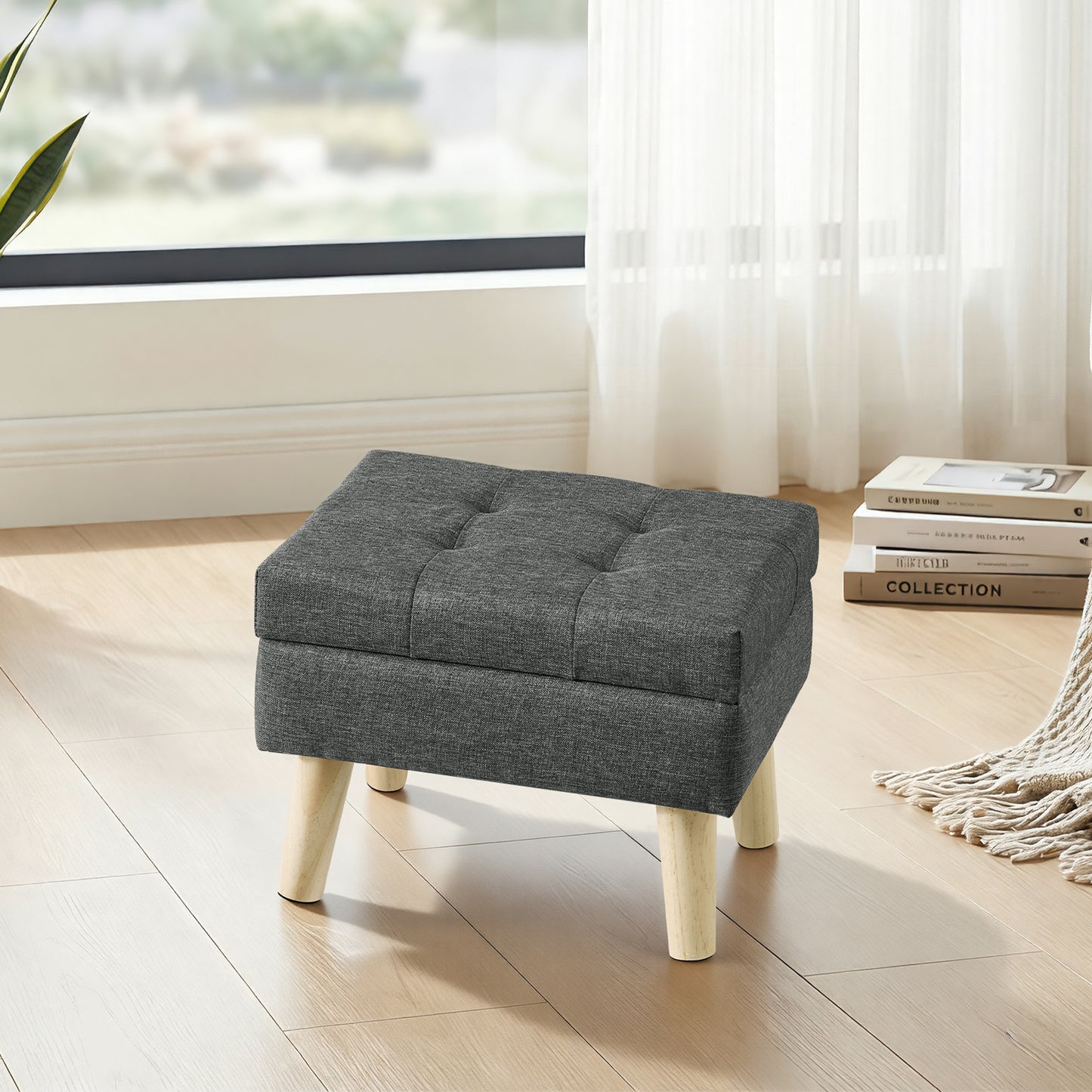 Rectangular Storage Ottoman with Linen-Look Fabric, 11.8 x 15.7 Inch Foot Stool and Small Table for Living Room, Slate Gray
