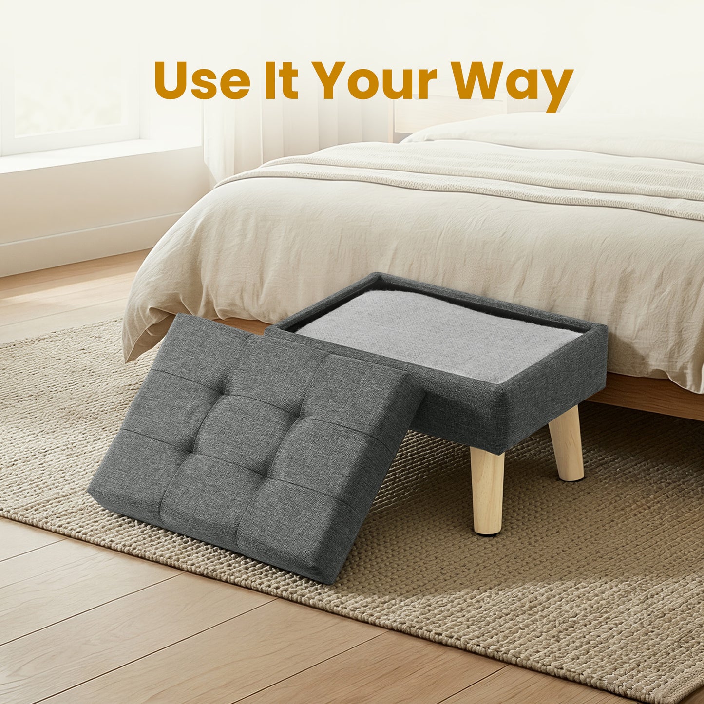 Rectangular Storage Ottoman with Linen-Look Fabric, 11.8 x 15.7 Inch Foot Stool and Small Table for Living Room, Slate Gray