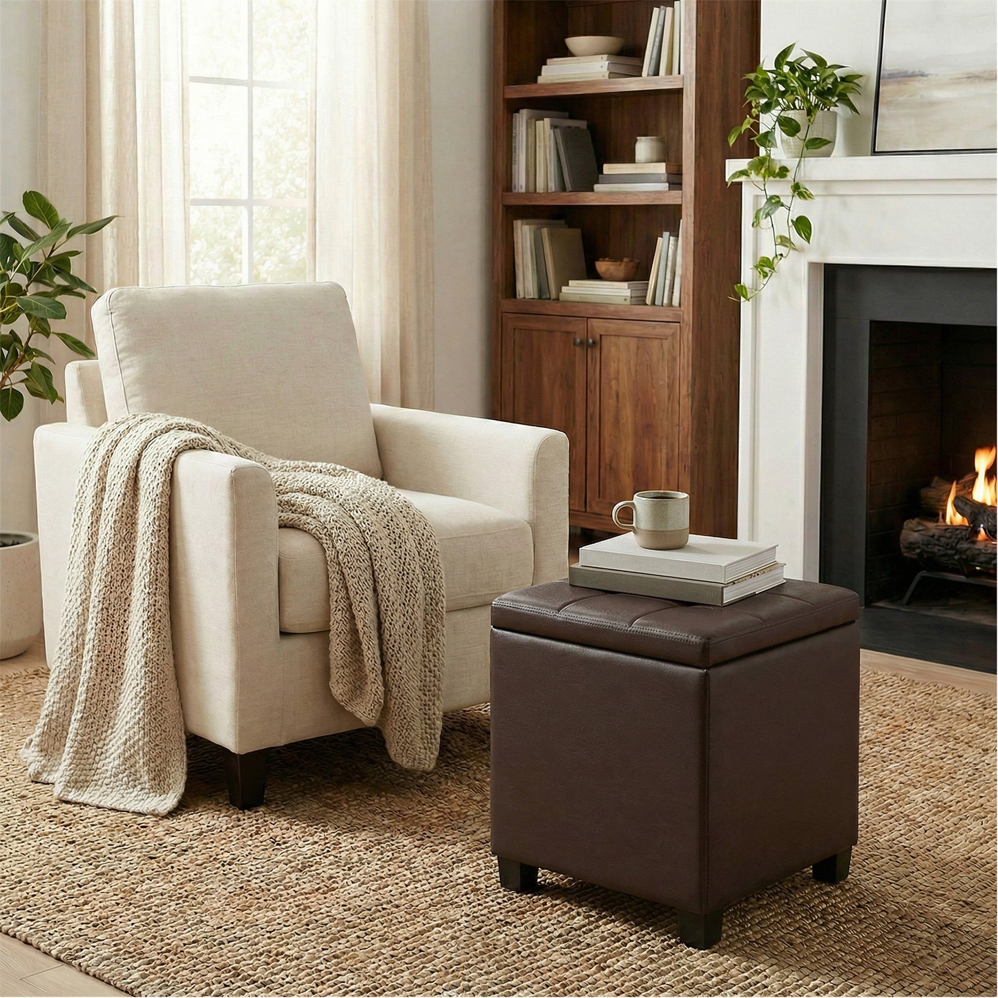 Square Storage Ottoman with Hinged Lid, 14-Gallon Footrest Stool with Solid Wood Frame, Synthetic Leather, for Living Room, Bedroom, 16.9 x 18.1 x 16.9 Inches, Deep Burgundy