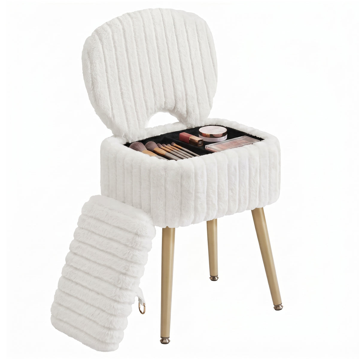 Vanity Stool with Folding Backrest, Plush Padded Makeup Chair, 18L Hidden Storage Ottoman, for Bedroom Dressing Room, Black