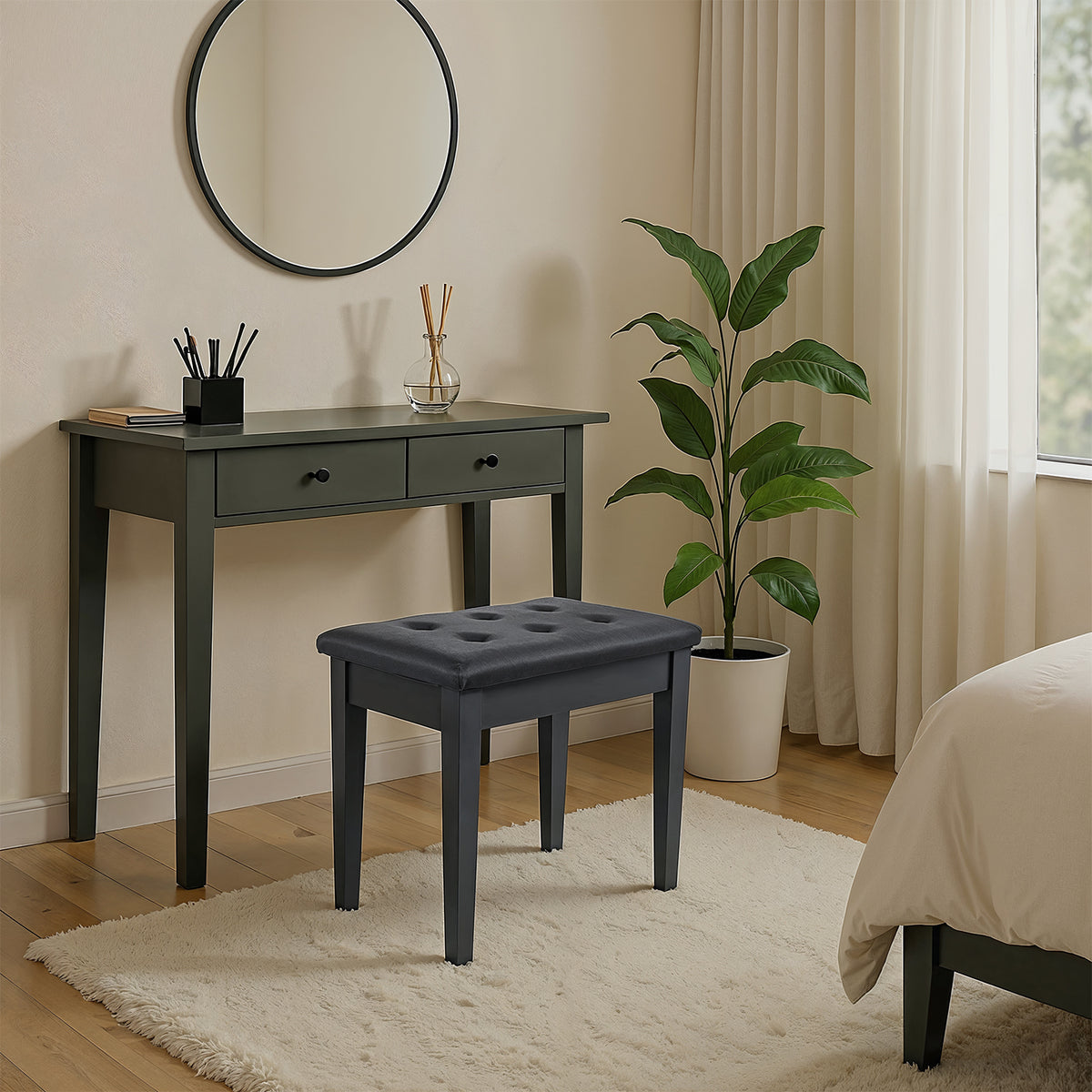 LEDREM Piano Bench with Cushion and Hidden Storage Compartment, Vanity Stool, Black