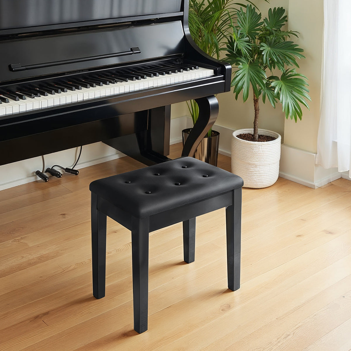 LEDREM Piano Bench with Cushion and Hidden Storage Compartment, Vanity Stool, Black