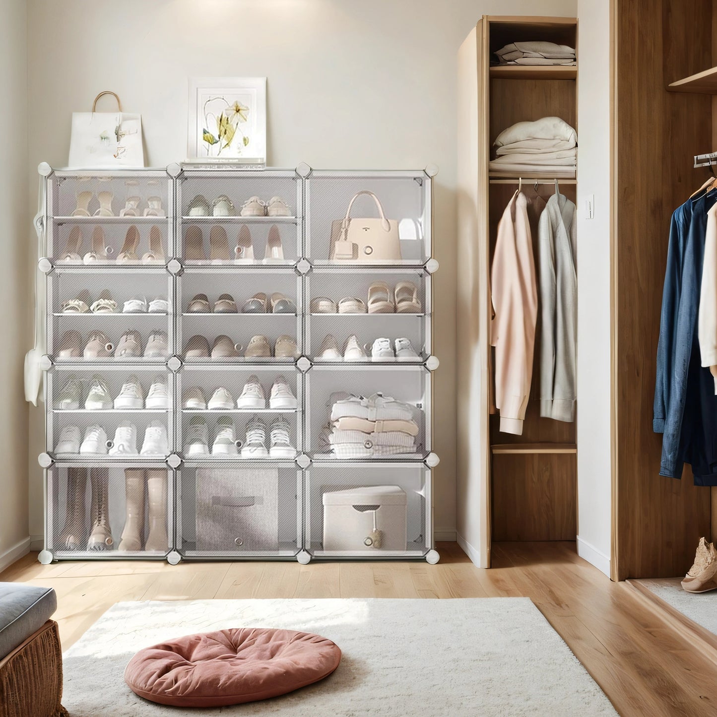 12-Tier Shoe Rack Organizer with Adjustable Modular Storage, Sturdy Panels & Steel Wire, for Closet or Entryway, Holds 48 Pairs, Cloud White and Transparent