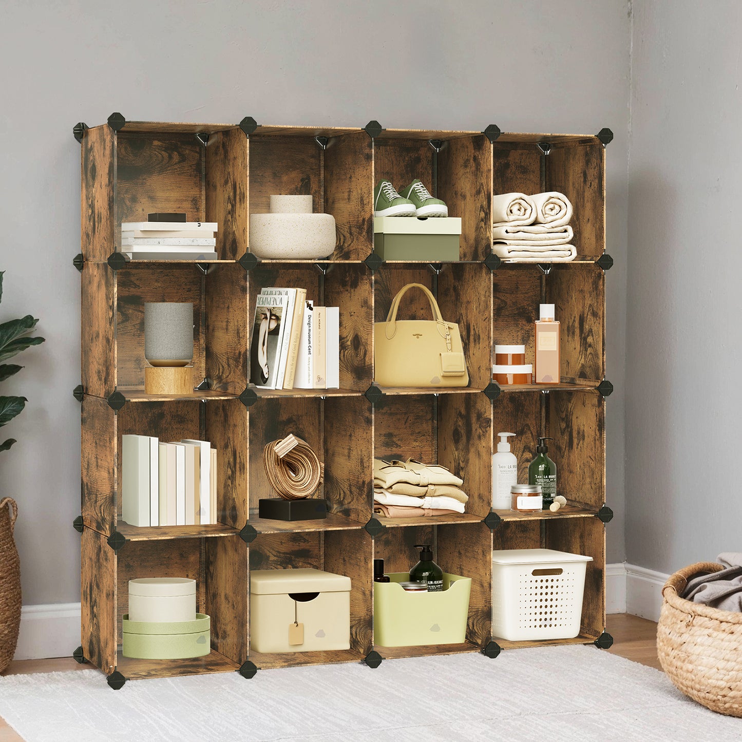 16-Cube Storage Organizer Set - Modular Plastic Shelving System for Closet, Bedroom, Easy DIY Assembly, Rustic Brown
