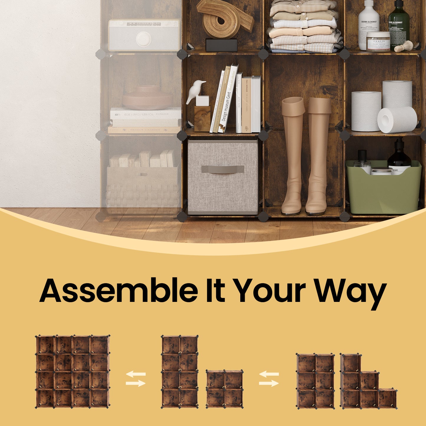 16-Cube Storage Organizer Set - Modular Plastic Shelving System for Closet, Bedroom, Easy DIY Assembly, Rustic Brown