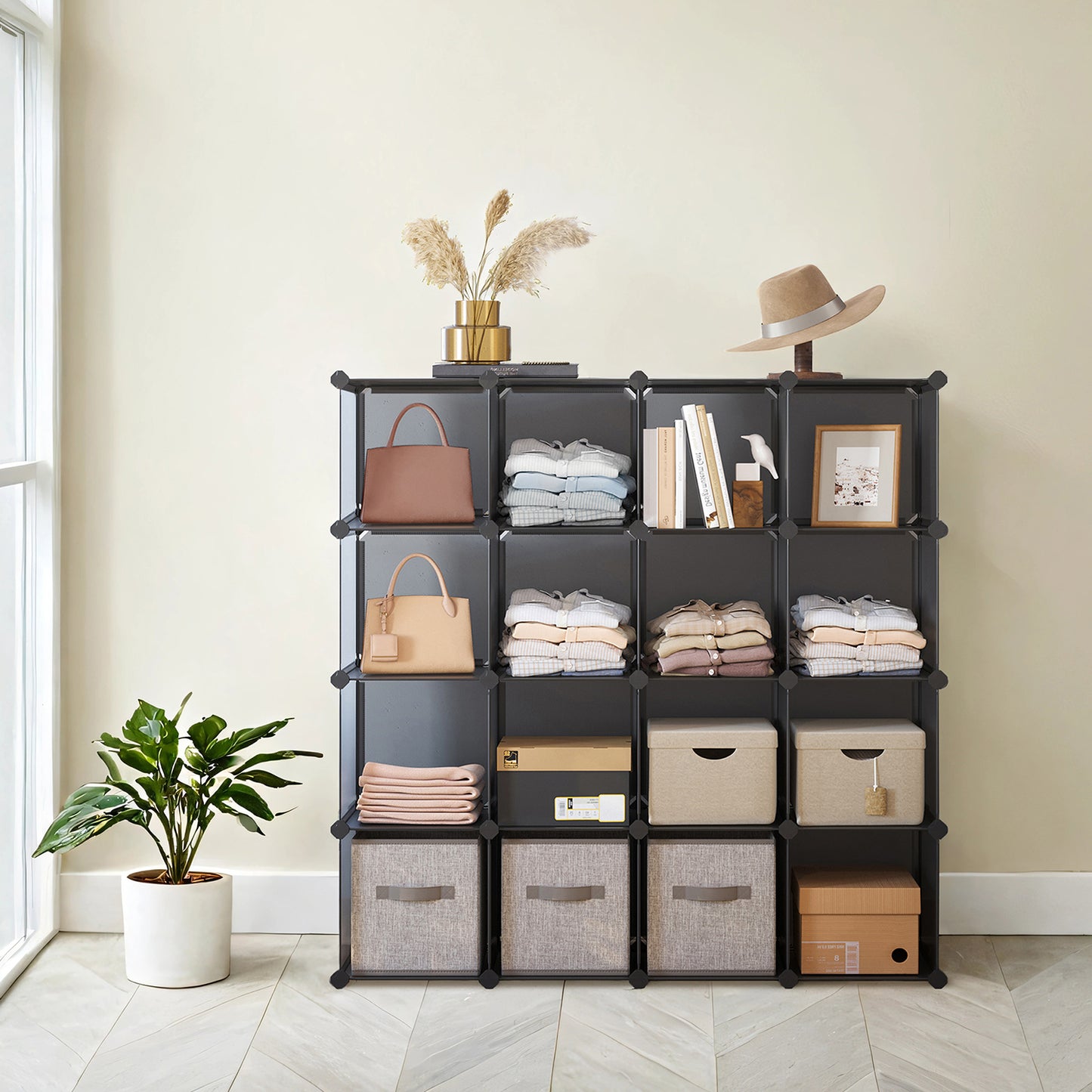 16-Cube Modular Storage System - Heavy Duty Plastic & Metal Organizer for Closet, Bedroom, Easy Snap Assembly, Gray