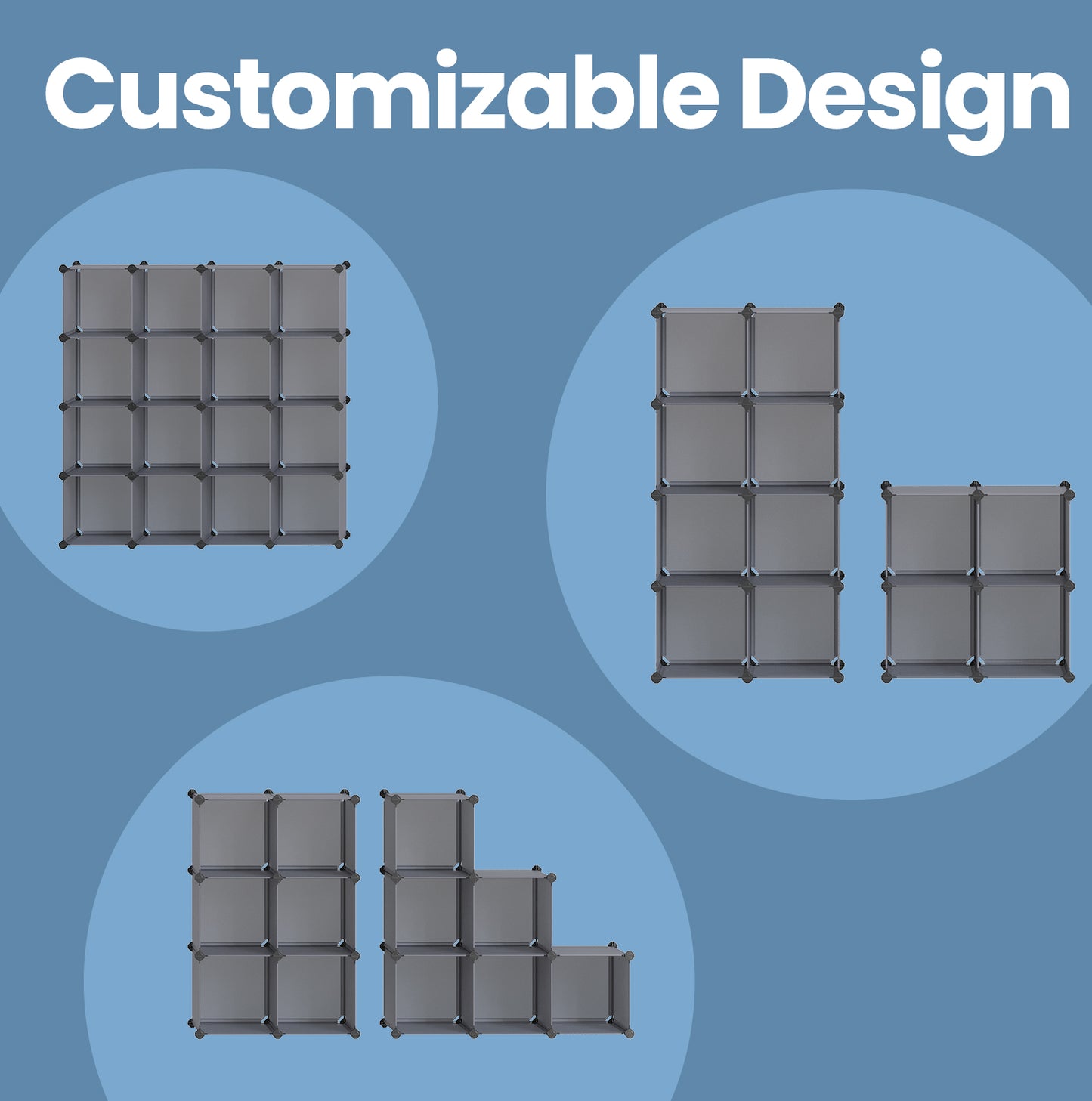 16-Cube Modular Storage System - Heavy Duty Plastic & Metal Organizer for Closet, Bedroom, Easy Snap Assembly, Gray