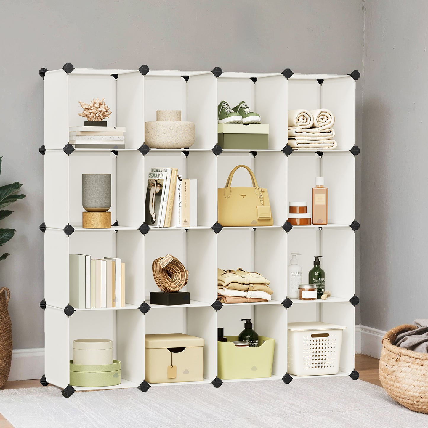 16-Cube Modular Closet System - Heavy Duty Plastic & Metal Storage Organizer, Tool-Free Assembly, Cream White