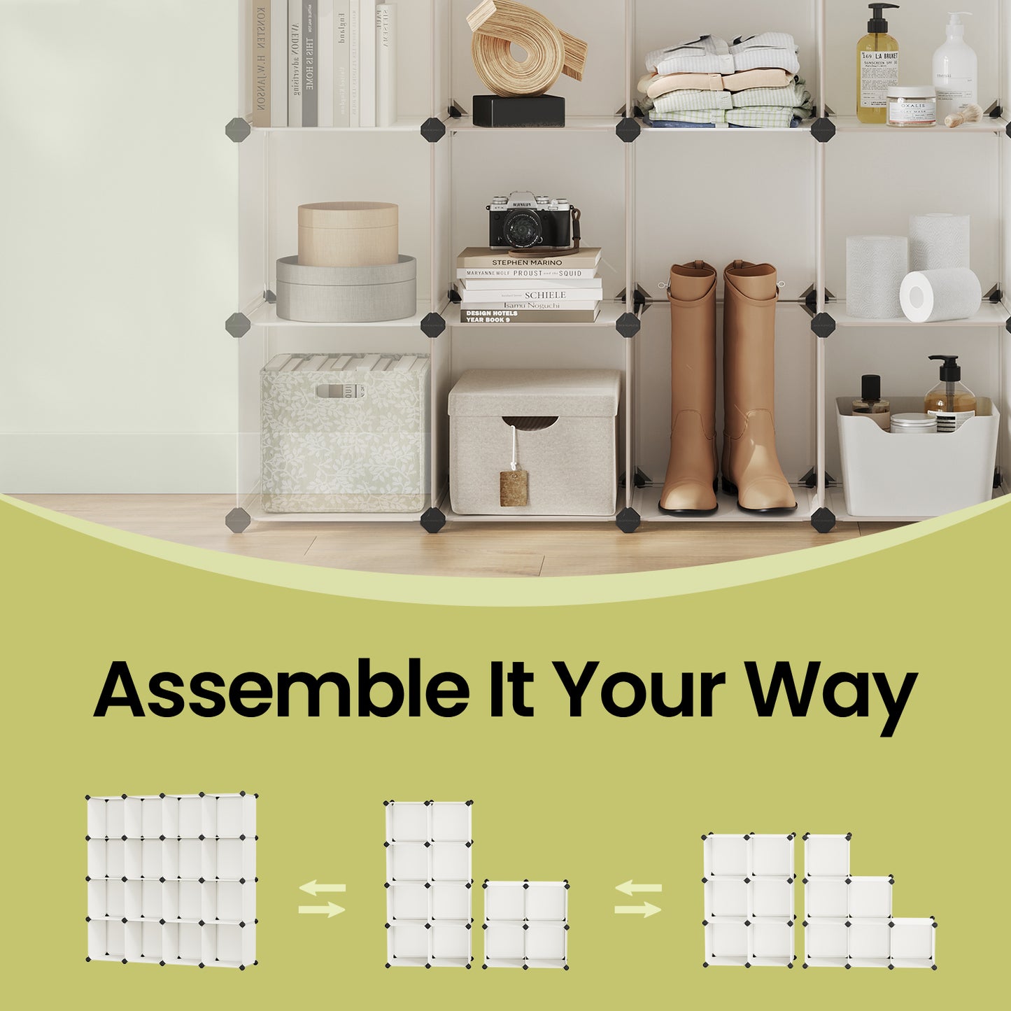 16-Cube Modular Closet System - Heavy Duty Plastic & Metal Storage Organizer, Tool-Free Assembly, Cream White