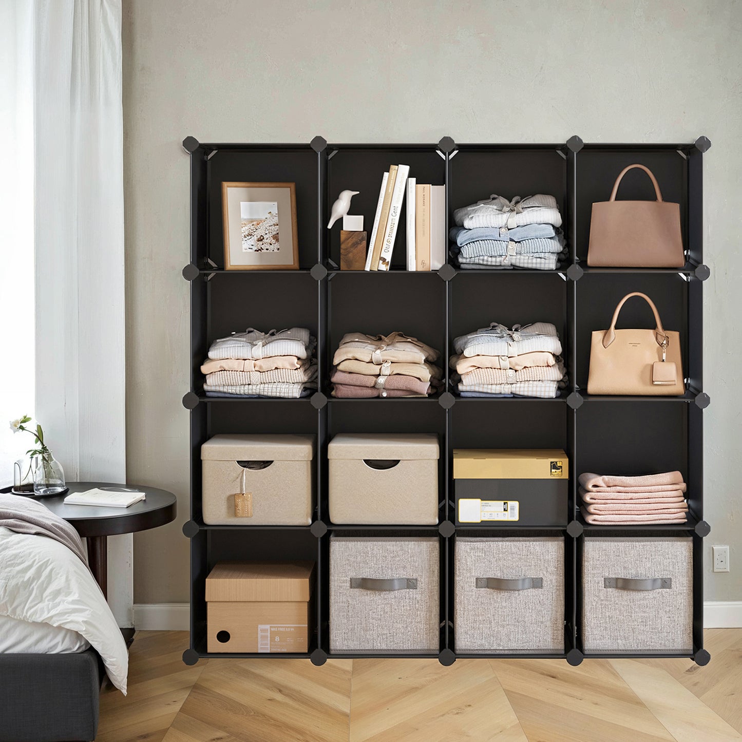 16-Cube Modular Storage System - Heavy Duty Plastic & Metal Organizer, Tool-Free Assembly, Multi-Functional Use, Black