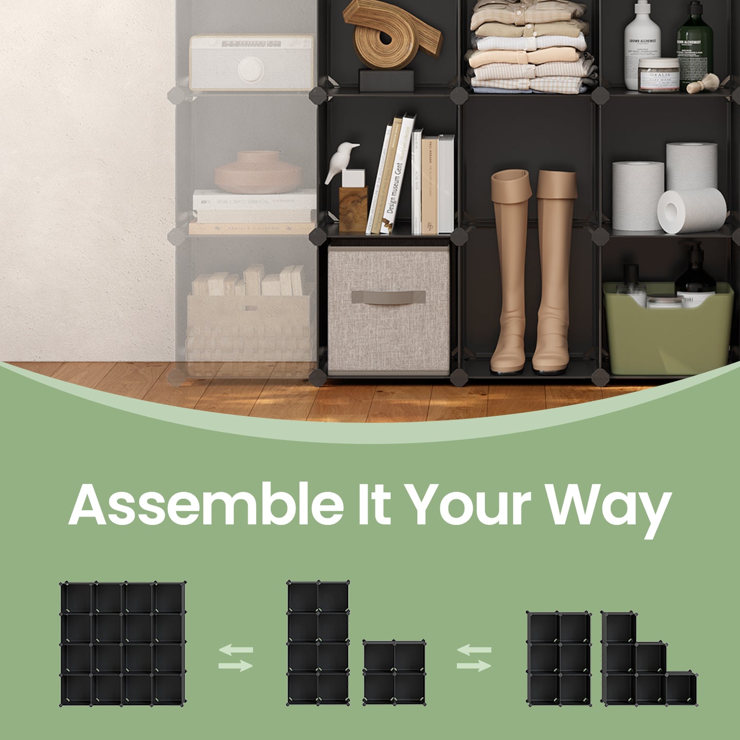 16-Cube Modular Storage System - Heavy Duty Plastic & Metal Organizer, Tool-Free Assembly, Multi-Functional Use, Black