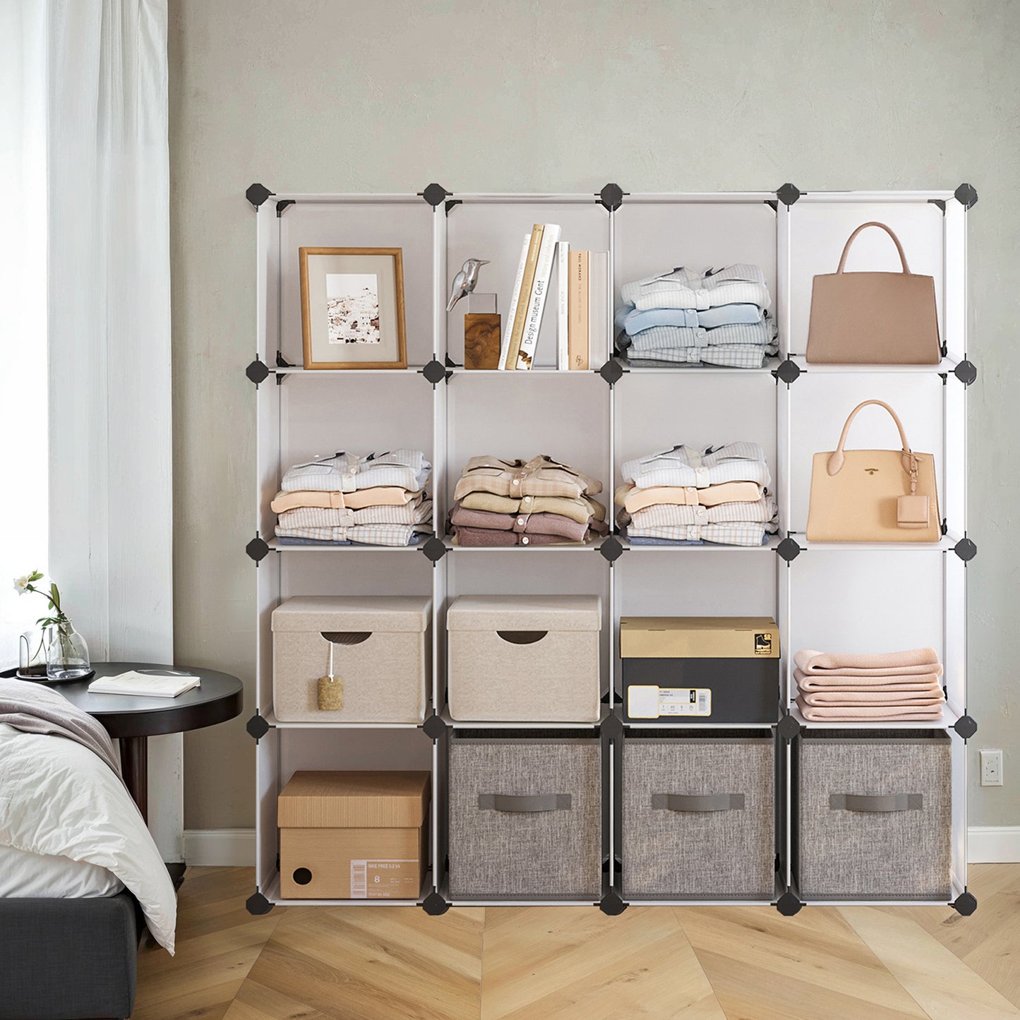 16-Cube Modular Storage Shelf - Heavy Duty Plastic & Metal Bookcase, Closet Organizer with Tool-Free Assembly, White
