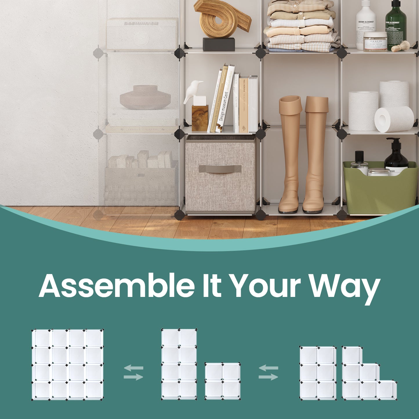 16-Cube Modular Storage Shelf - Heavy Duty Plastic & Metal Bookcase, Closet Organizer with Tool-Free Assembly, White