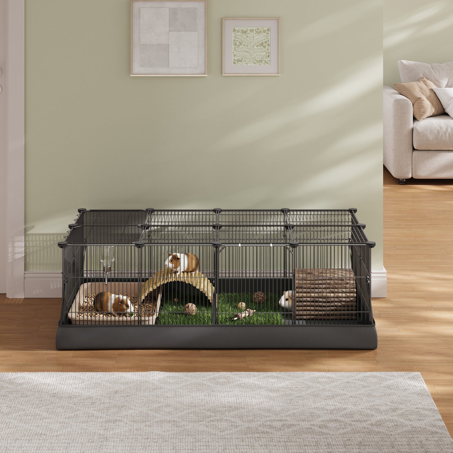 Small Animal Playpen Cage with Waterproof Mat, 48.4 x 24.8 Inch Guinea Pig and Rabbit Cage with Top and Side Door, 20 Panels, Ink Black
