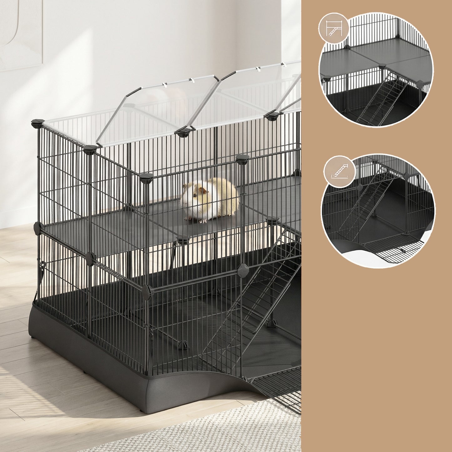 2-Tier Guinea Pig Cage with Ramp & Waterproof Mat, 35-Panel Small Animal Playpen with Top & Side Doors, for Rabbits, Hamsters, Ink Black