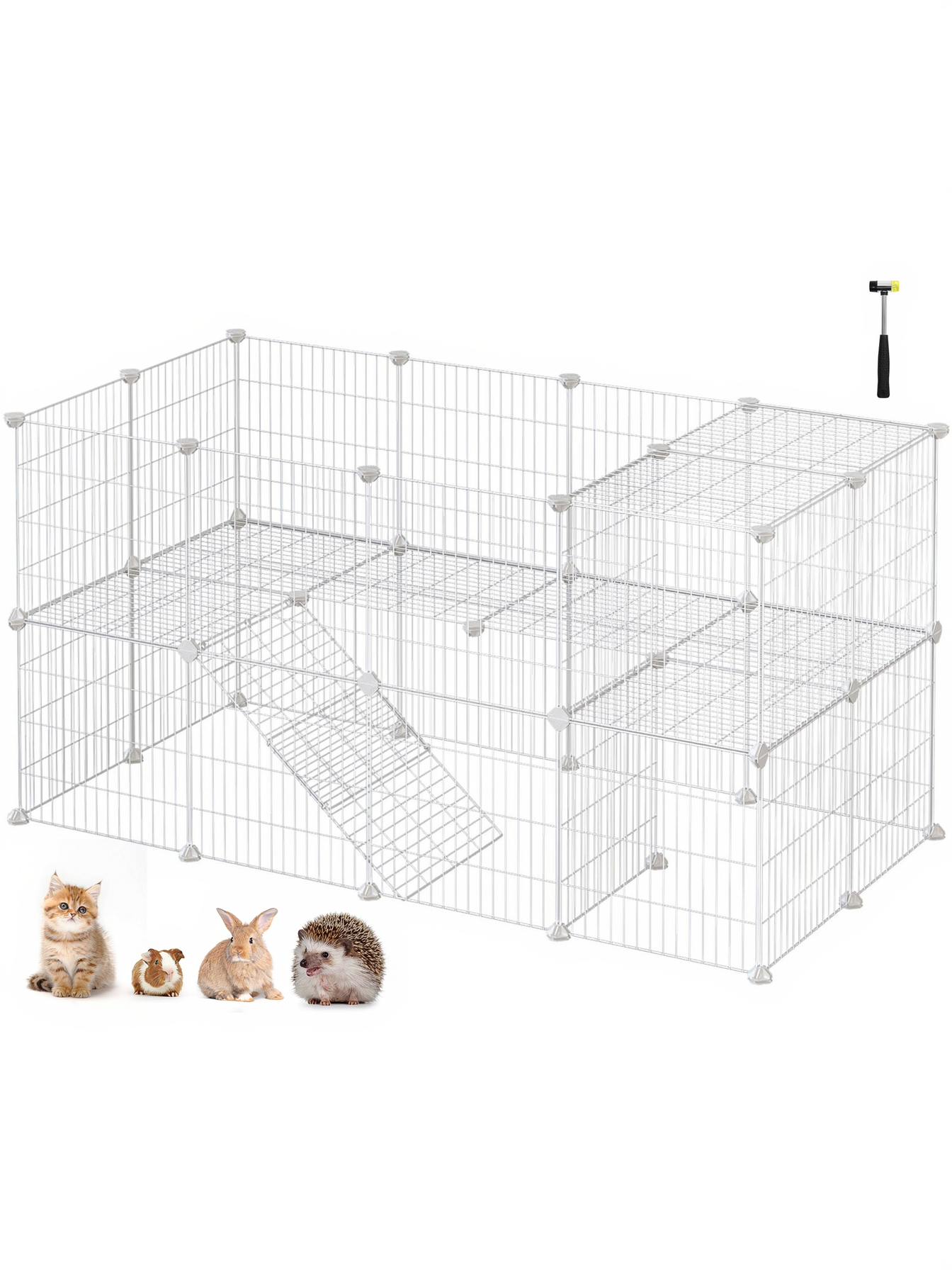 36-Panel Two-Story Pet Playpen, Metal Wire Small Animal Cage for Rabbits, Guinea Pigs, Puppies, with Zip Ties & Non-Slip Pads, White