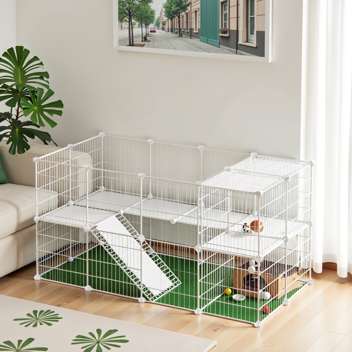 DIY Metal Pet Playpen with Cable Ties, Small Animal Cage Enclosure with 0.9" Wire Mesh, for Guinea Pigs, Rabbits, Hamsters, White