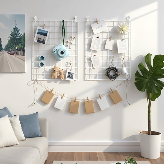 Set of 2 Metal Wall Grid Panels - 16.5"x12.2" DIY Photo Display with S Hooks, Clips & Hemp Cord - Multi-Purpose Organizer for Photos, White