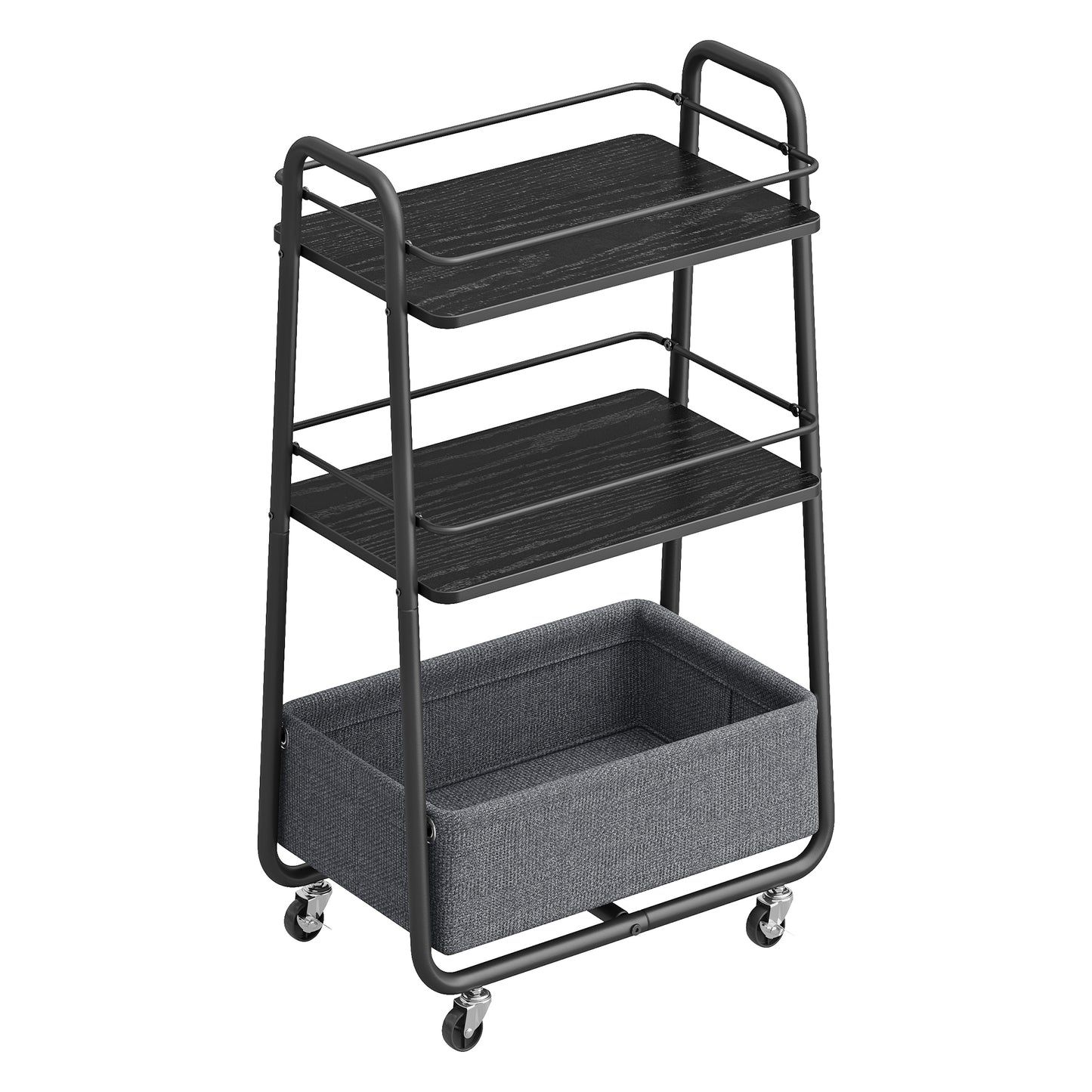3-Tier Rolling Utility Cart with Fabric Basket, Storage Cart with Wheels and Shelves, for Living Room Bedroom Kitchen, Ebony Black and Slate Gray