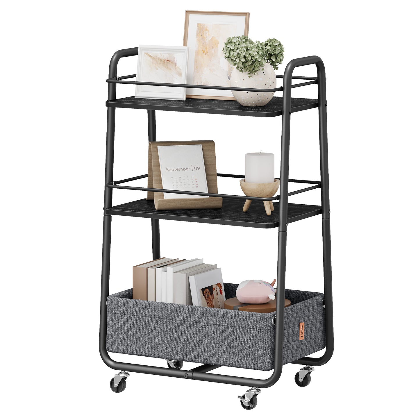 3-Tier Rolling Utility Cart with Fabric Basket, Storage Cart with Wheels and Shelves, for Living Room Bedroom Kitchen, Ebony Black and Slate Gray