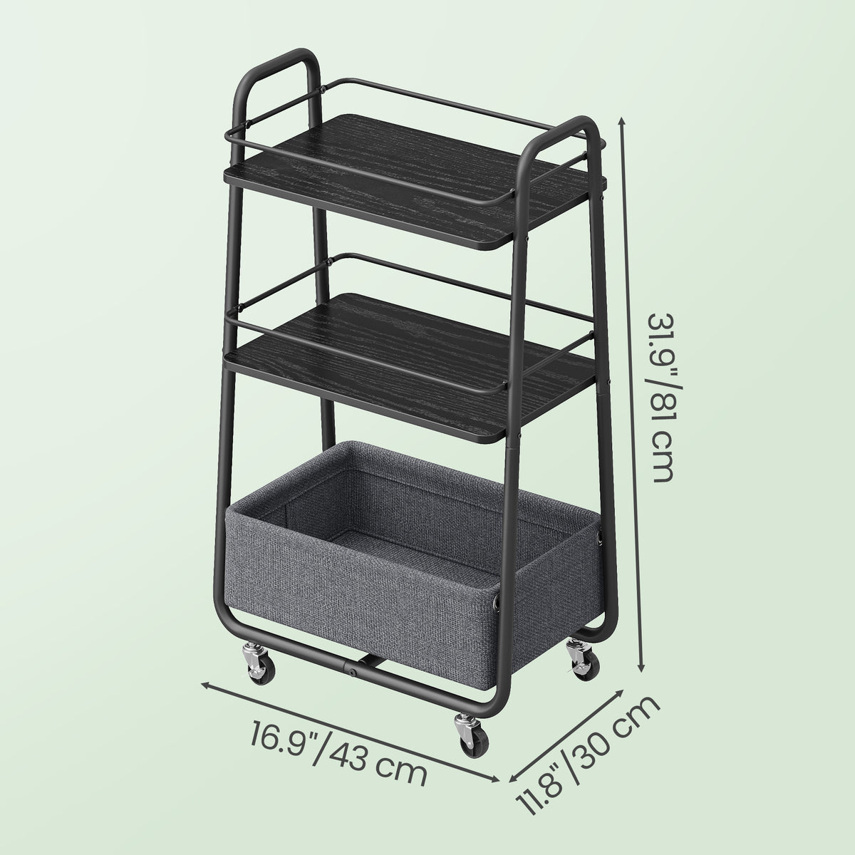 3-Tier Rolling Utility Cart with Fabric Basket, Storage Cart with Wheels and Shelves, for Living Room Bedroom Kitchen, Ebony Black and Slate Gray