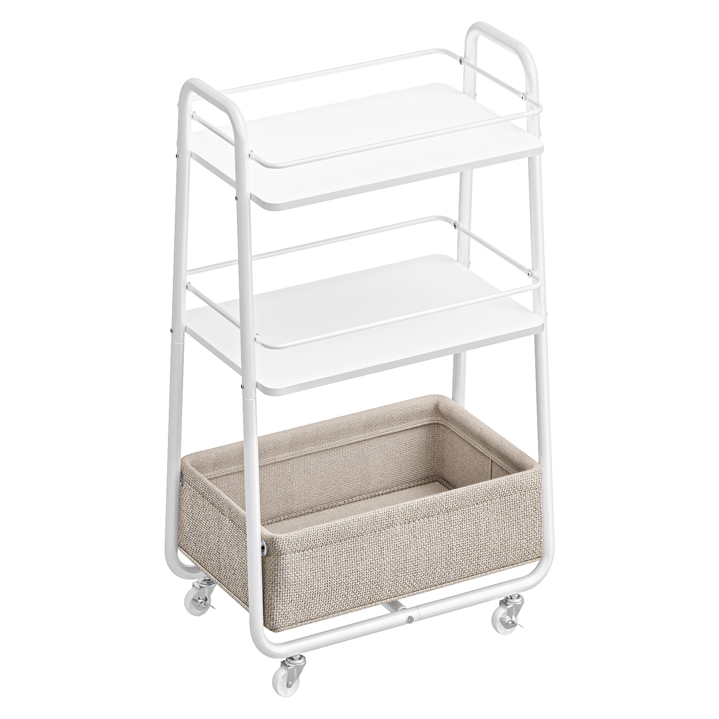 3-Tier Rolling Utility Cart with Fabric Basket, Storage Cart with Wheels and Shelves, for Living Room Bedroom Kitchen, Cloud White and Camel Brown