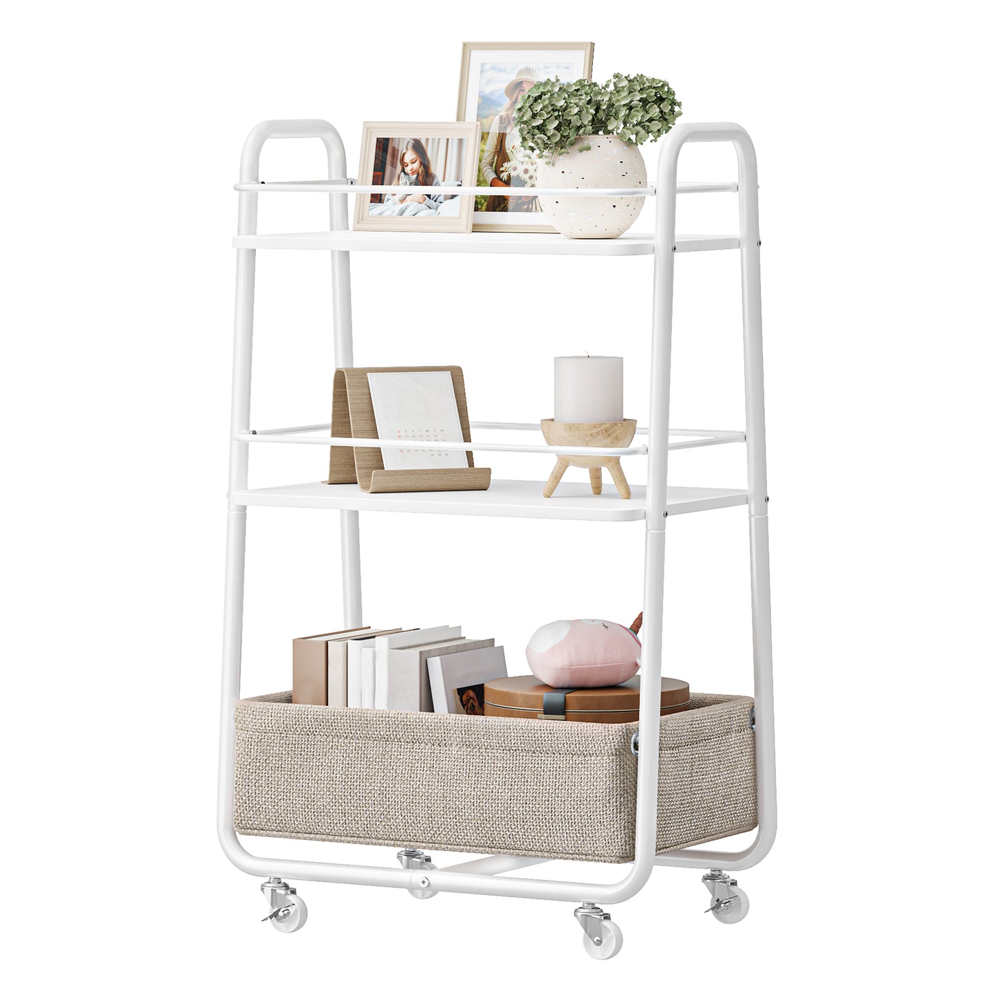 3-Tier Rolling Utility Cart with Fabric Basket, Storage Cart with Wheels and Shelves, for Living Room Bedroom Kitchen, Cloud White and Camel Brown
