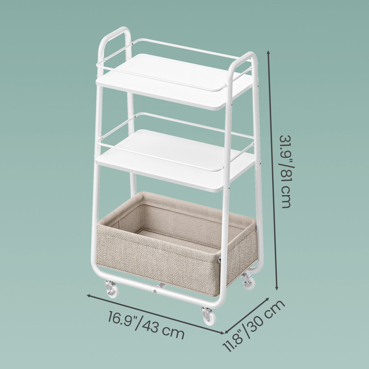 3-Tier Rolling Utility Cart with Fabric Basket, Storage Cart with Wheels and Shelves, for Living Room Bedroom Kitchen, Cloud White and Camel Brown