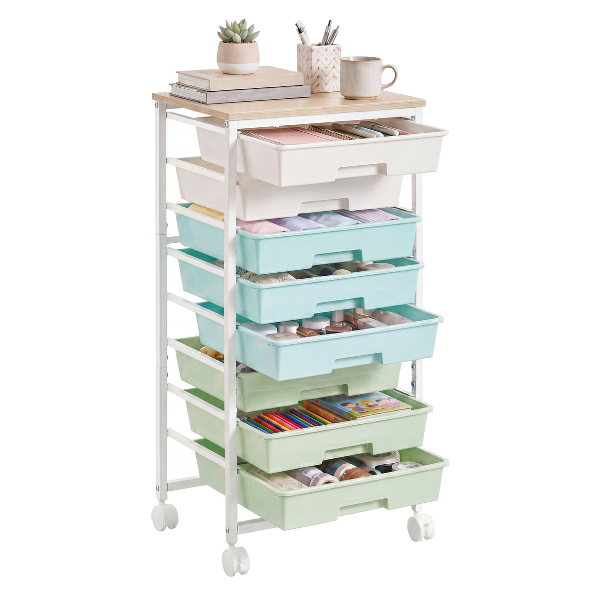 8-Drawer Rolling Storage Cart, Wood Top Craft Organizer on Wheels, 15.6 x 11.2 x 30.1 inches, Green and White