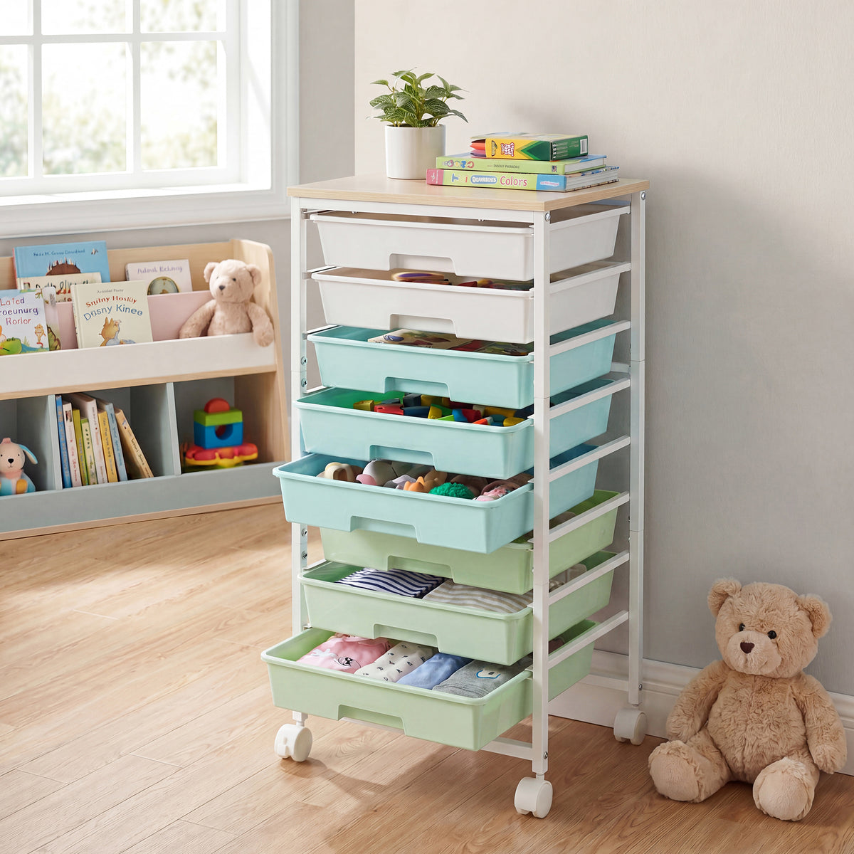 8-Drawer Rolling Storage Cart, Wood Top Craft Organizer on Wheels, 15.6 x 11.2 x 30.1 inches, Green and White