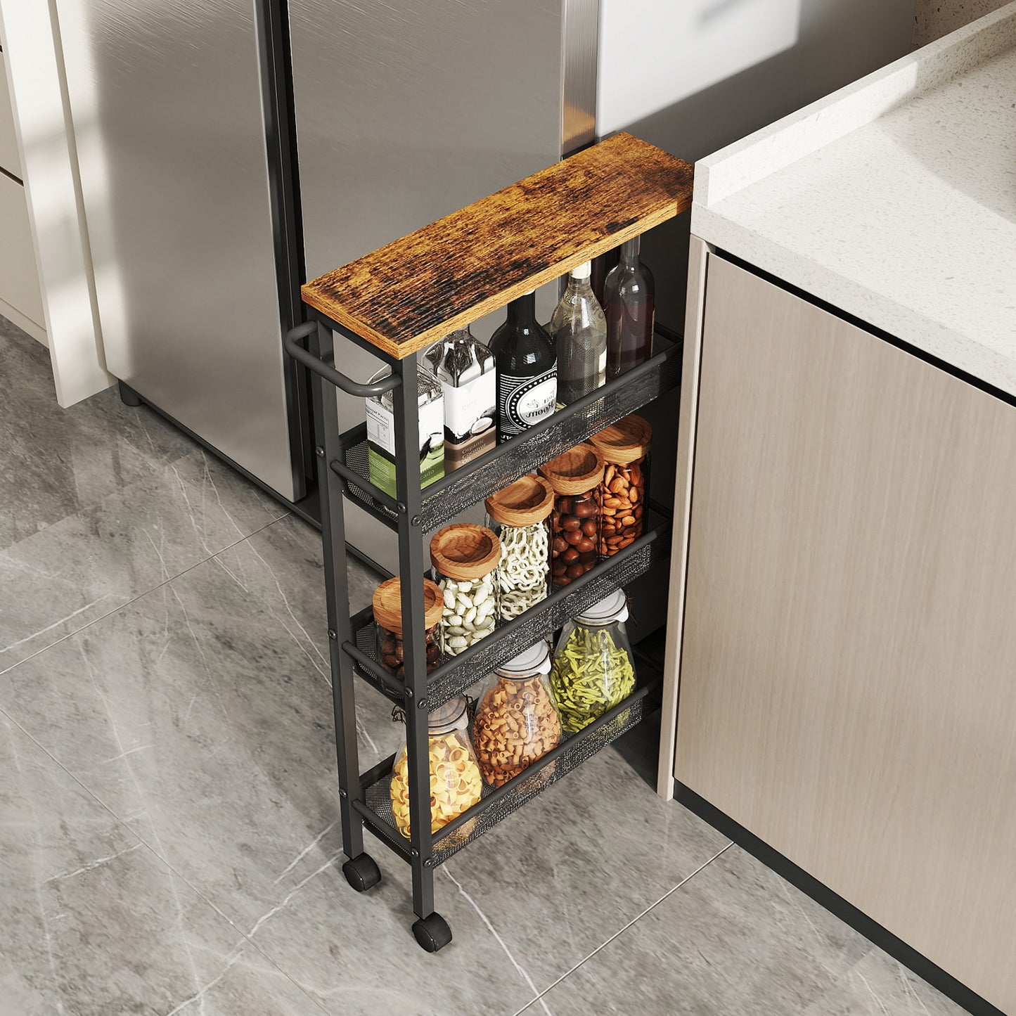 4-Tier Rolling Utility Cart with Handle, Slim Storage Trolley with Mesh Baskets, Metal Frame for Kitchen, Dining Room, Office & Living Spaces, Rustic Brown and Black