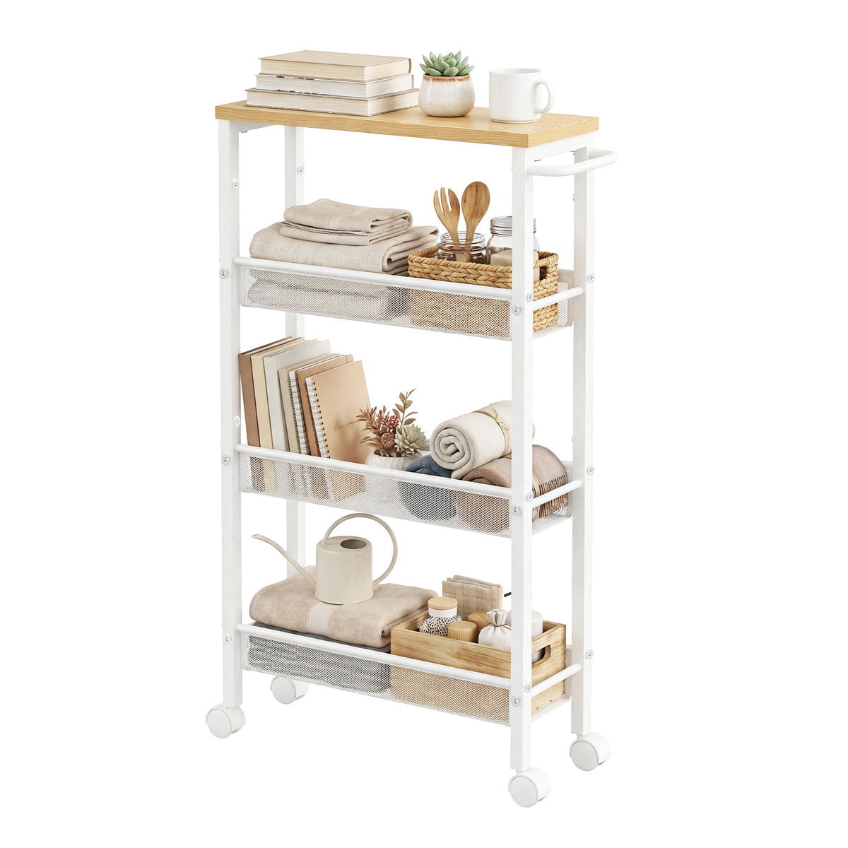 LEDREM 4-Tier Slim Rolling Cart, Storage Cart, Narrow Cart with Handle, for Kitchen, Dining Room, Living Room, Home Office, Oak and White