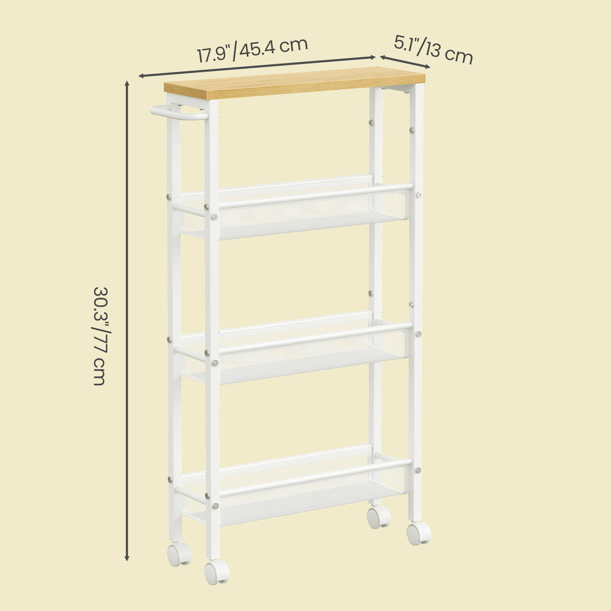 LEDREM 4-Tier Slim Rolling Cart, Storage Cart, Narrow Cart with Handle, for Kitchen, Dining Room, Living Room, Home Office, Oak and White