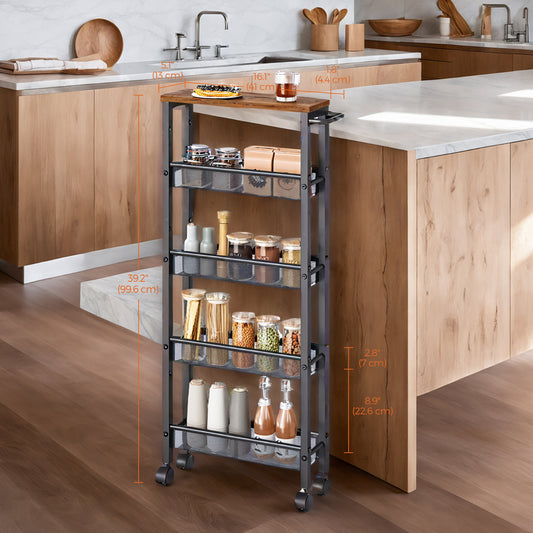 Slim Rolling Storage Cart, 5-Tier Narrow Utility Cart with Handle, Metal Frame, Mobile Organizer for Kitchen, Dining, Living Room, Rustic Brown and Black