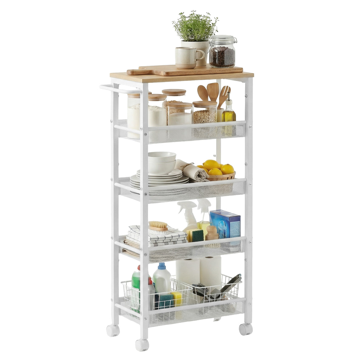 LEDREM 5-Tier Slim Rolling Cart, Storage Cart, Narrow Cart with Handle, for Kitchen, Dining Room, Living Room, Home Office, Yellow