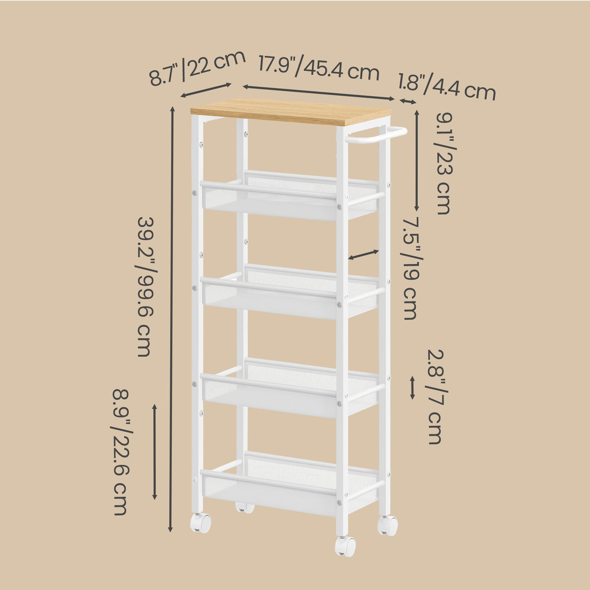 LEDREM 5-Tier Slim Rolling Cart, Storage Cart, Narrow Cart with Handle, for Kitchen, Dining Room, Living Room, Home Office, Yellow
