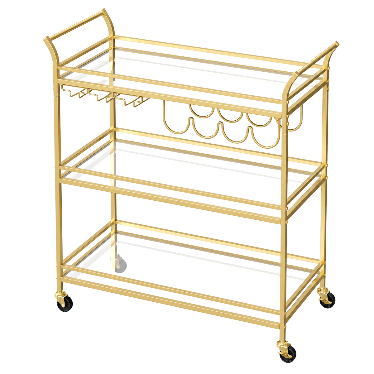 LEDREM Large Bar Cart with 3-Tier Mirrored Shelves, Wine Rack and Glass Holders for Kitchen or Home Bar, Gold