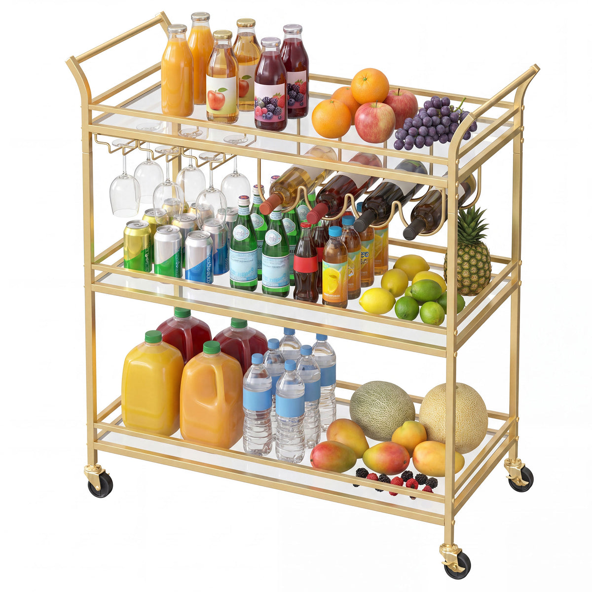 LEDREM Large Bar Cart with 3-Tier Mirrored Shelves, Wine Rack and Glass Holders for Kitchen or Home Bar, Gold