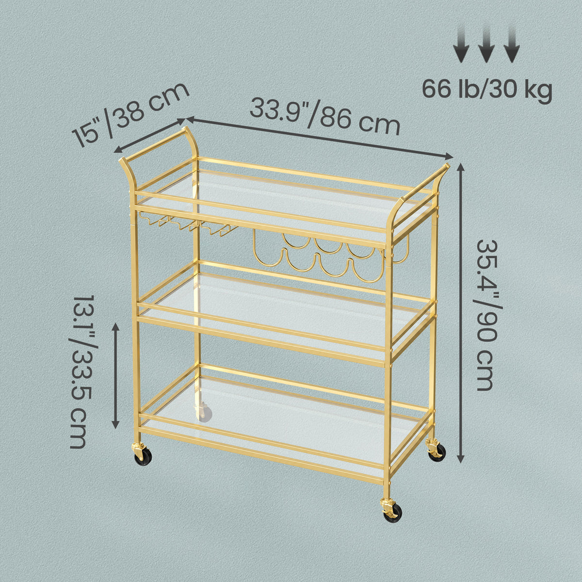 LEDREM Large Bar Cart with 3-Tier Mirrored Shelves, Wine Rack and Glass Holders for Kitchen or Home Bar, Gold