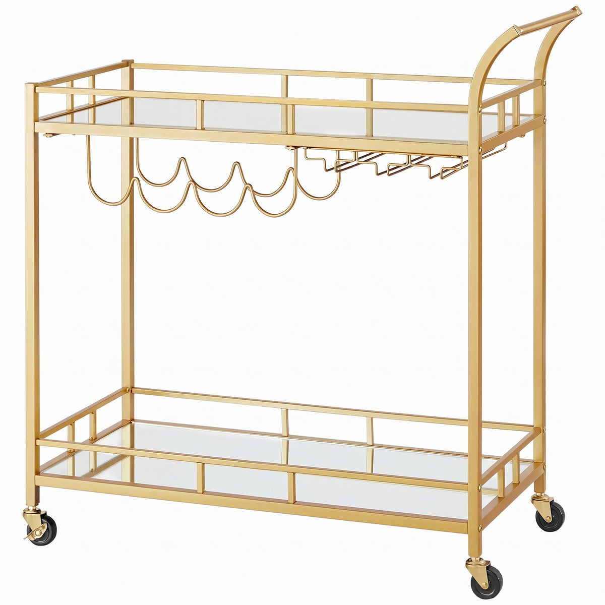 LEDREM Gold Bar Cart, Wine Serving Cart with 2 Mirrored Shelves, Wine and Holders, for Dining Room, Gold