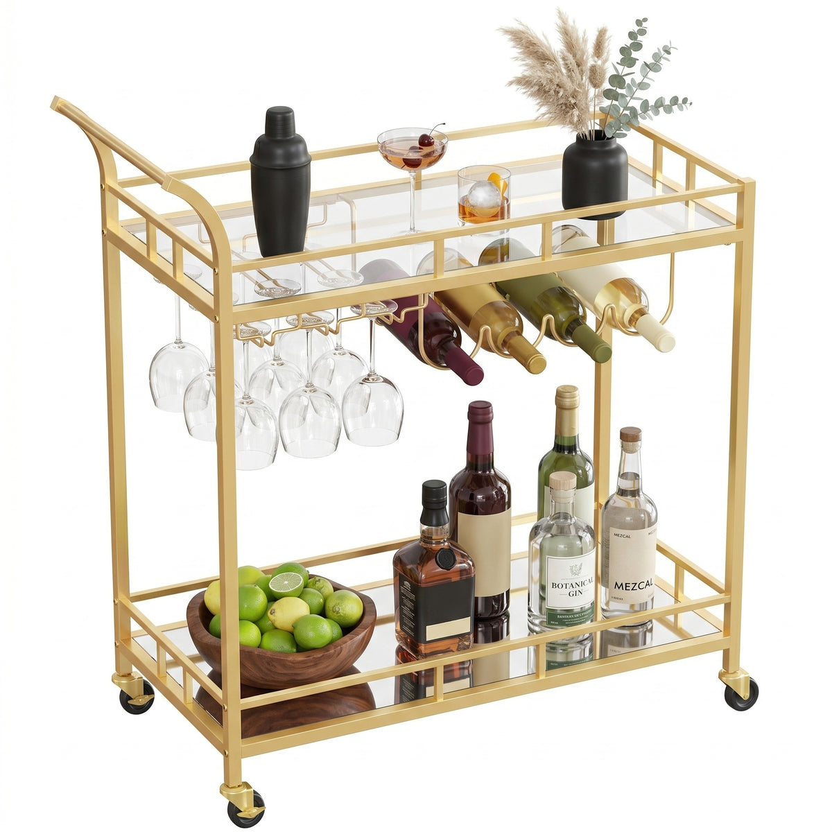 LEDREM Gold Bar Cart, Wine Serving Cart with 2 Mirrored Shelves, Wine and Holders, for Dining Room, Gold
